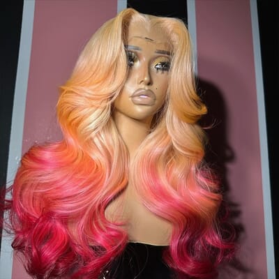 Carina Glueless Wigs Light Ombre Pink With Yellow Color Wavy 13X4 Lace Front Human Hair Wigs