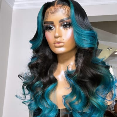 Carina Blue/Orange Colored Skunk Stripe 13x4 Lace Front Human Hair Wigs For Women 180 Density 