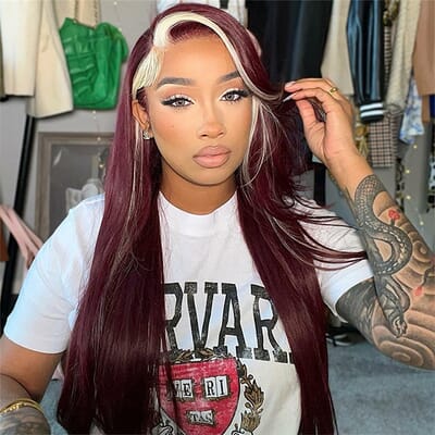 Carina Burgundy 99j Red With 613 Blonde Skunk Stripe 13X4 Lace Front Wig 180% 