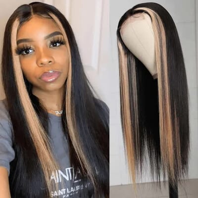 Carina Customized Skunk Stripe 13x4 Frontal Blonde Black Wigs Straight 180% Highlight Wig For Girls