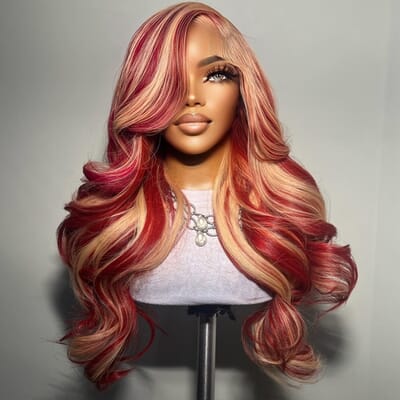 Carina Red & Blonde Highlight 13×4 Lace Front Wig 180% Density Brazilian Human Hair Wigs