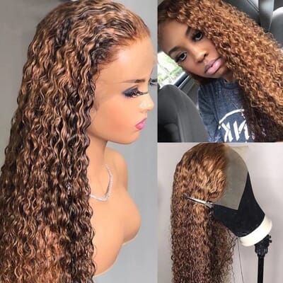  Carina Highlight Color Luxury Curly 13x4 Wear And Go Transparent Lace Breathable Air Cap Wigs 180% Density 