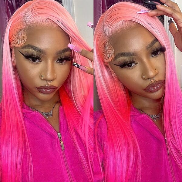 Pink Ombre Wig Straight 13X4 Lace Front Wigs 180% Human Hair Wigs ...