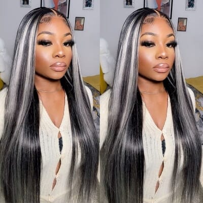 Platinum Blonde Highlights On Black Hair Straight Lace Front Wigs With Grey Highlights 180%