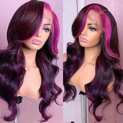 Carina 13x4 Lace Front Highlight Pink Purple Human Hair Wig Transparent Lace Body Wave Wig