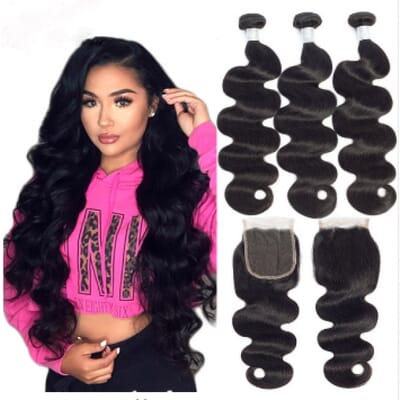 10A Body Wave Brazilian Hair Extensions 3 Bundles with 4x4 Lace Closure Free Part Natural Color