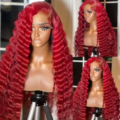 Carina 13x4 Lace Front Wig Deep Wave Dark Red Lace Wigs 180% Density Clean Hairline