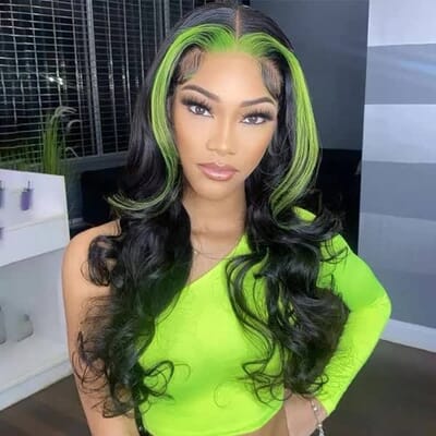 Carina Green Skunk Stripe Wig 13x4 Lace Front Body Wave Human Hair Wigs with Baby Hair 180% Density