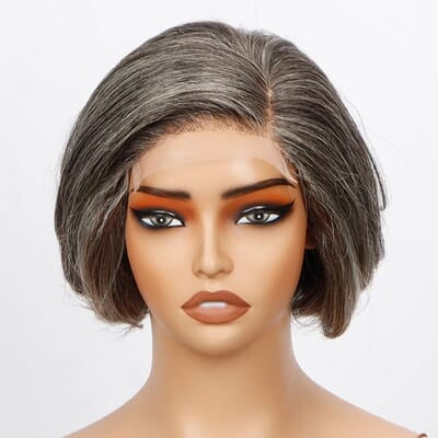 Carina 5x5 Salt And Pepper Glueless Gray Color Pre-Cut Lace Layered Cut Straight Bob Wig 100% Human Hair