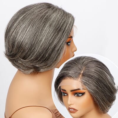 Carina 5x5 Salt And Pepper Glueless Gray Color Pre-Cut Lace Layered Cut Straight Bob Wig 100% Human Hair