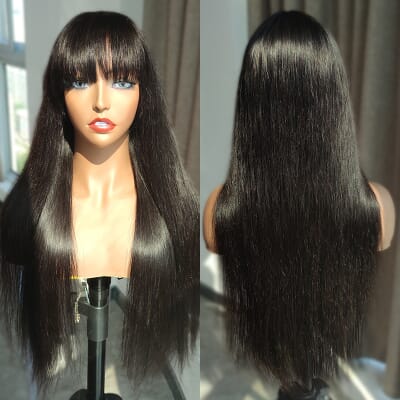 Carina Straight 13x6 Transparent  Lace Front Wigs With Bangs 150% Density Long Human Hair Wig